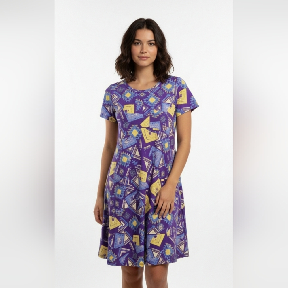 LuLaRoe Carly Dress Midi Purple Artsy Casual Festival XS NWT
